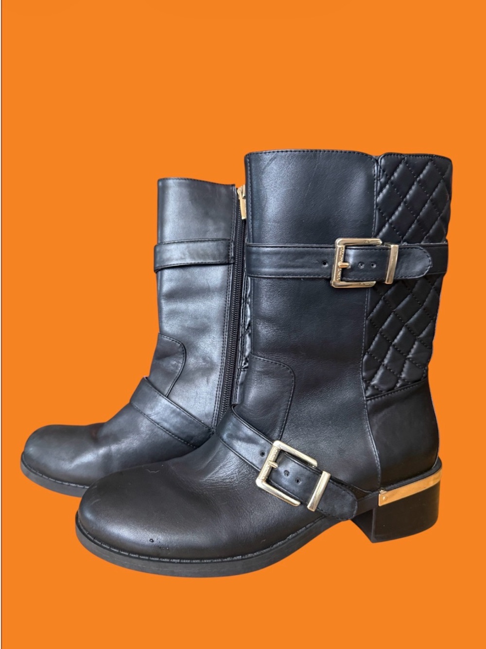 VINCE CAMUTO Moto Boots Black Women's with Gold Buckles and Zippers Size 7.5